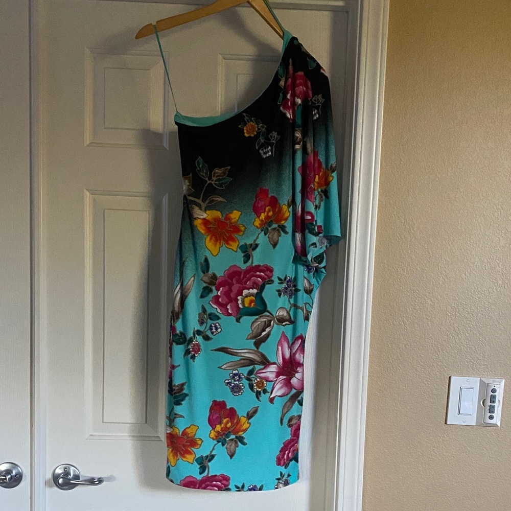 Cache One-Shoulder Floral Dress - Black and Teal